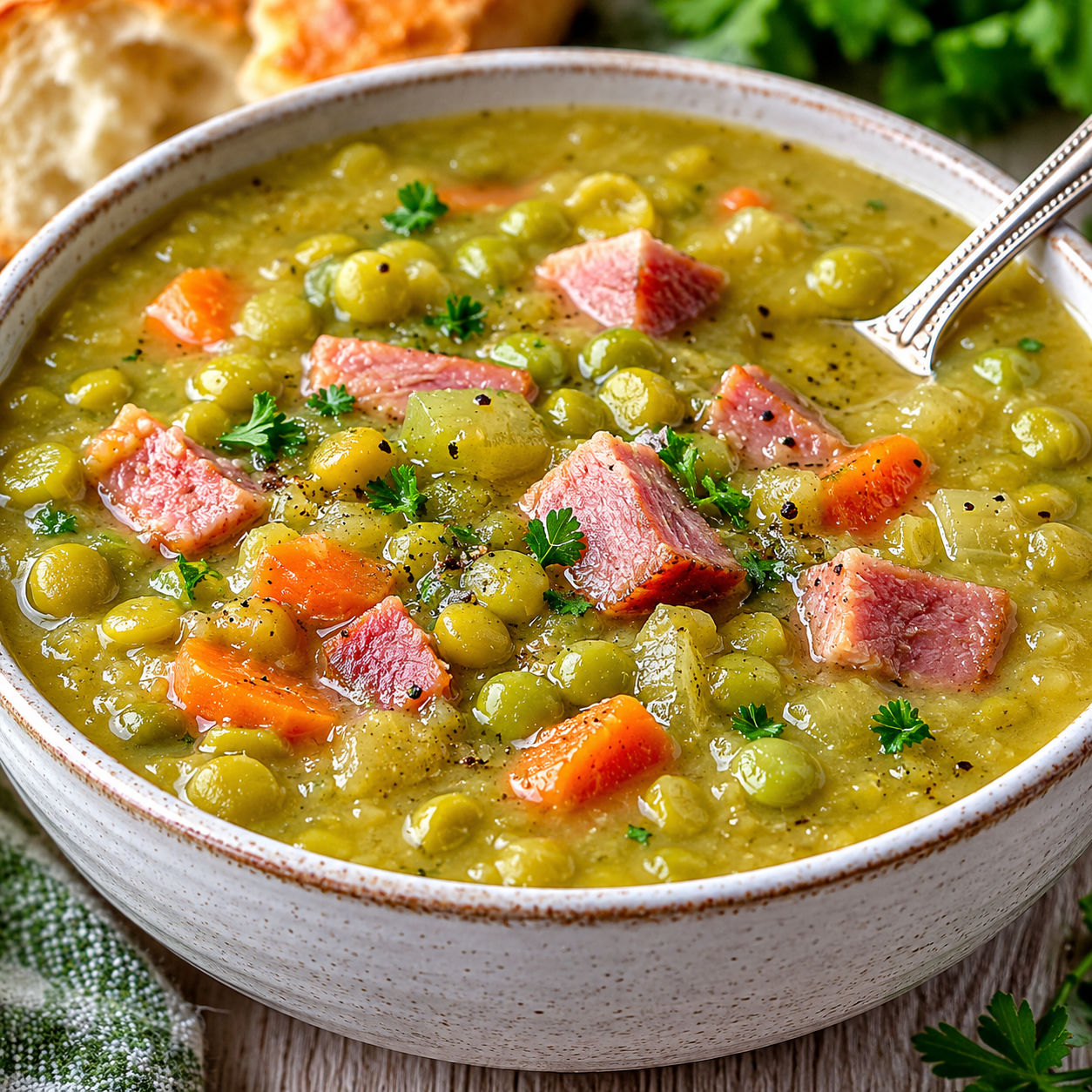 Split pea soup with ham, carrots, parsley, and black pepper in a white bowl