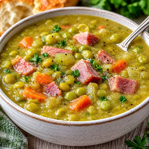 Split pea soup with ham, carrots, parsley, and black pepper in a white bowl