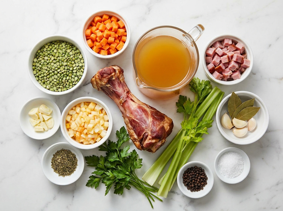 Split pea soup ingredients with ham bone, carrots, celery, broth, and herbs