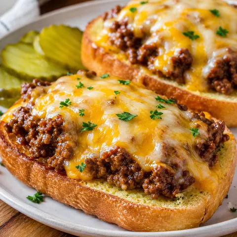 Garlic bread sloppy joes with melted cheese and parsley on toasted bread