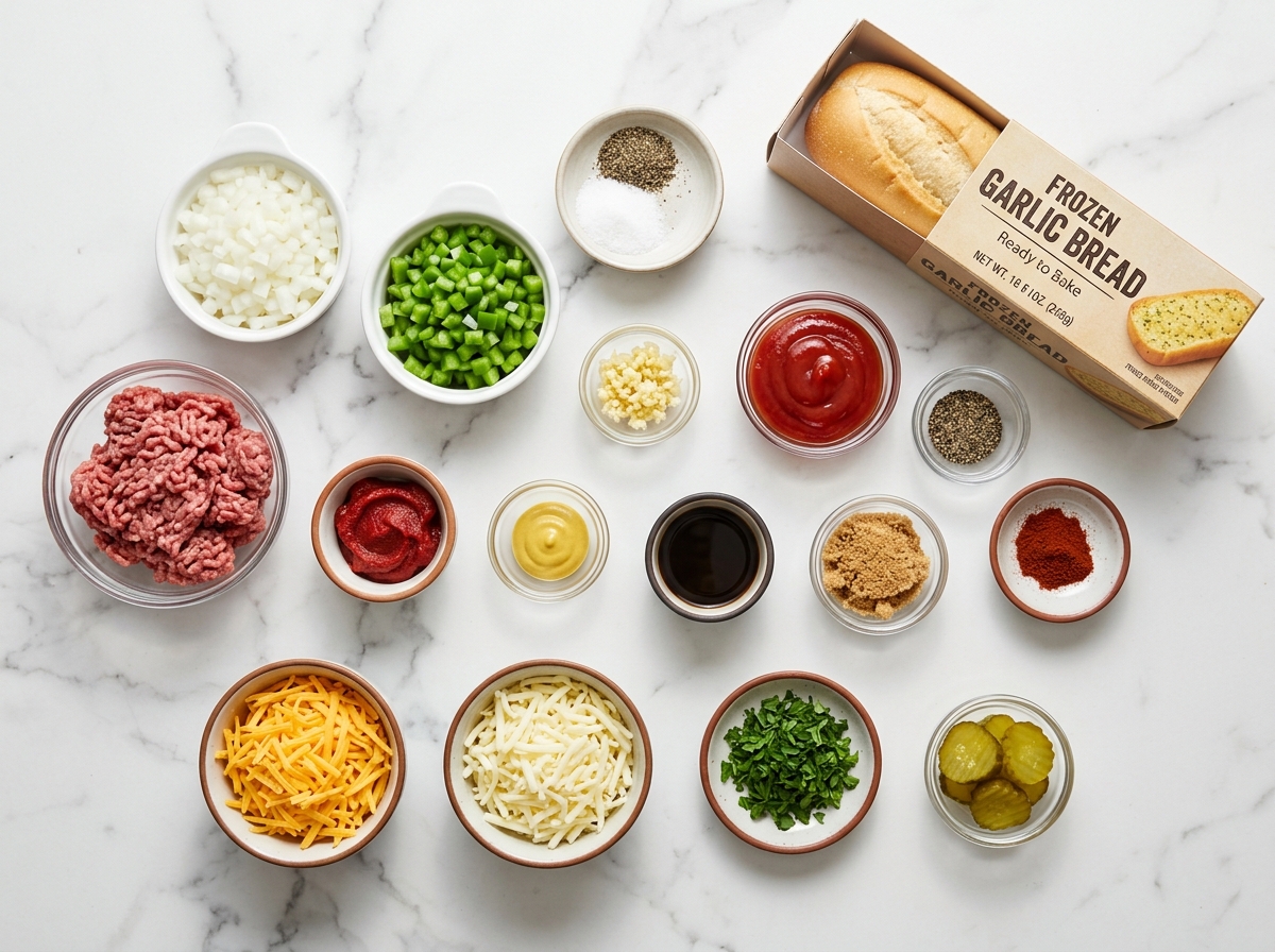 Ingredients for garlic bread sloppy joes with beef, cheese, and garlic bread