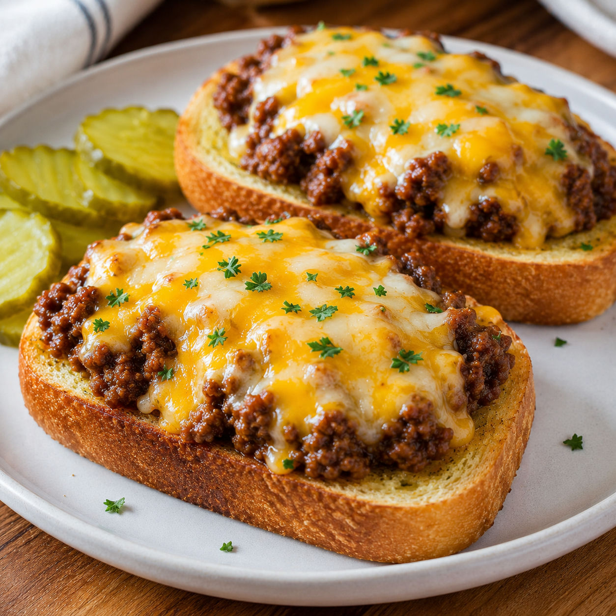 Simple Garlic Bread Sloppy Joes, plated and served