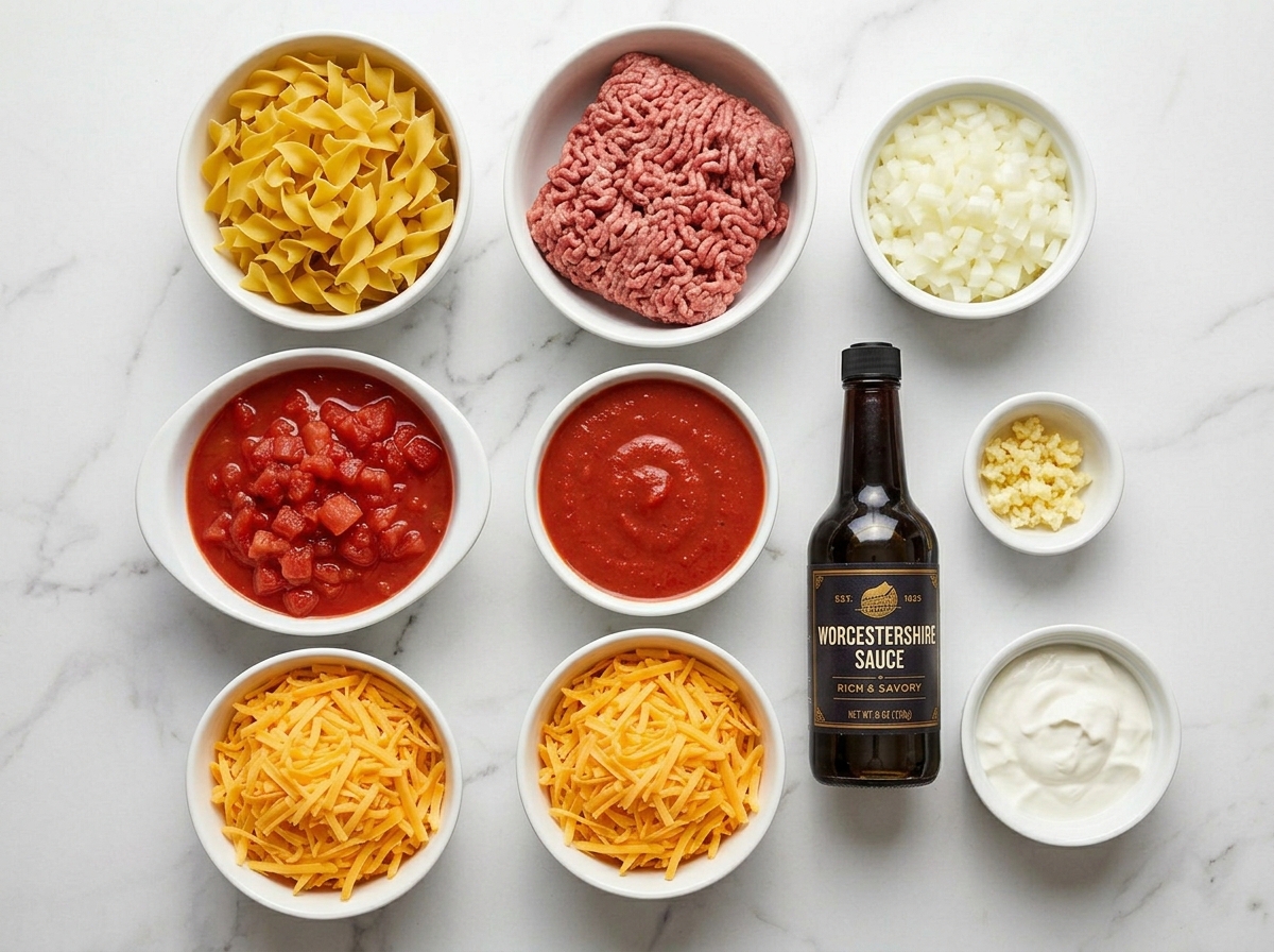Ingredients for ground beef and noodle casserole on a kitchen counter