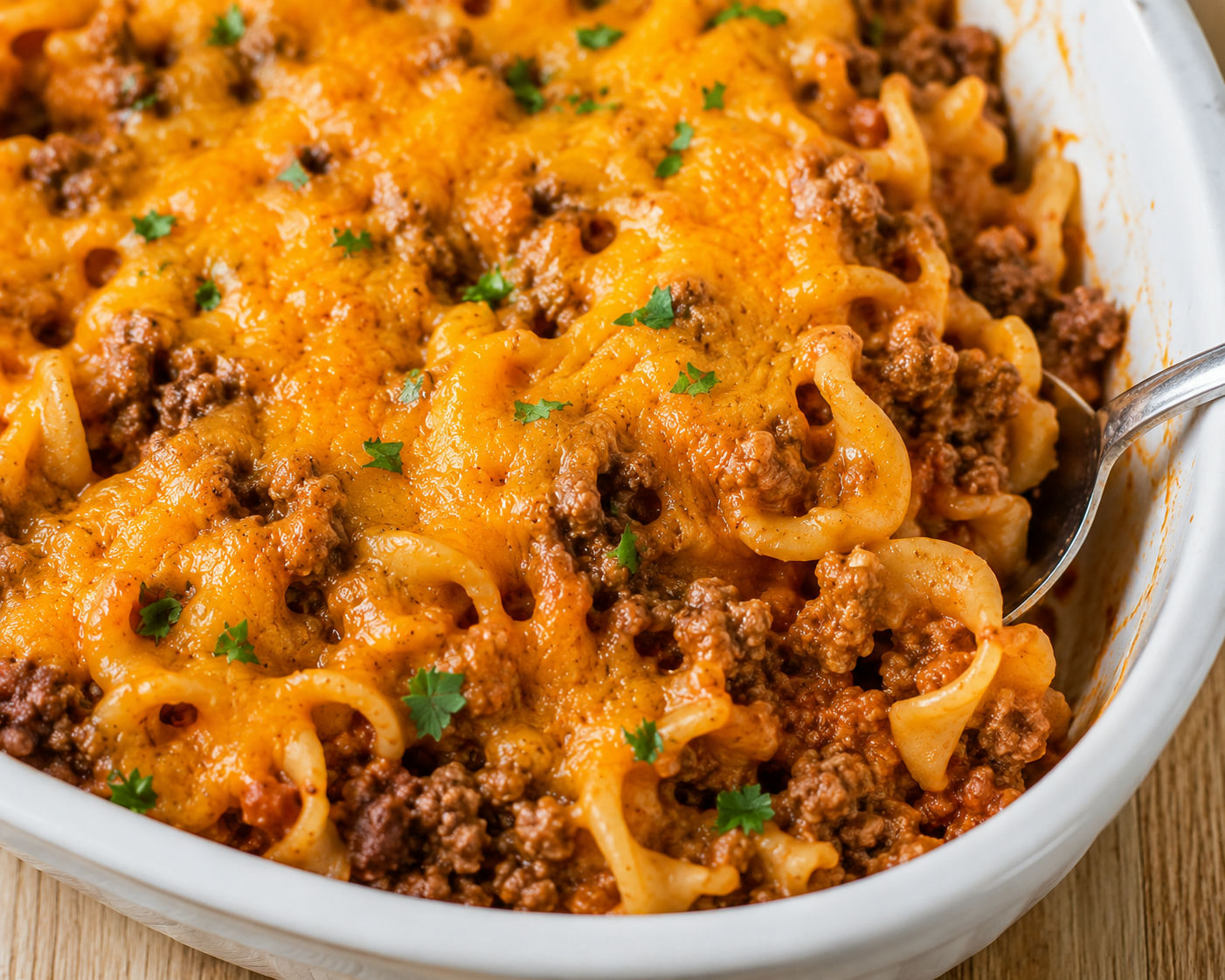 Simple Ground Beef and Noodle Casserole, plated and served