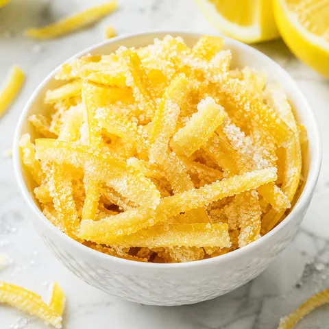Sugared candied lemon peel strips in a white bowl on parchment