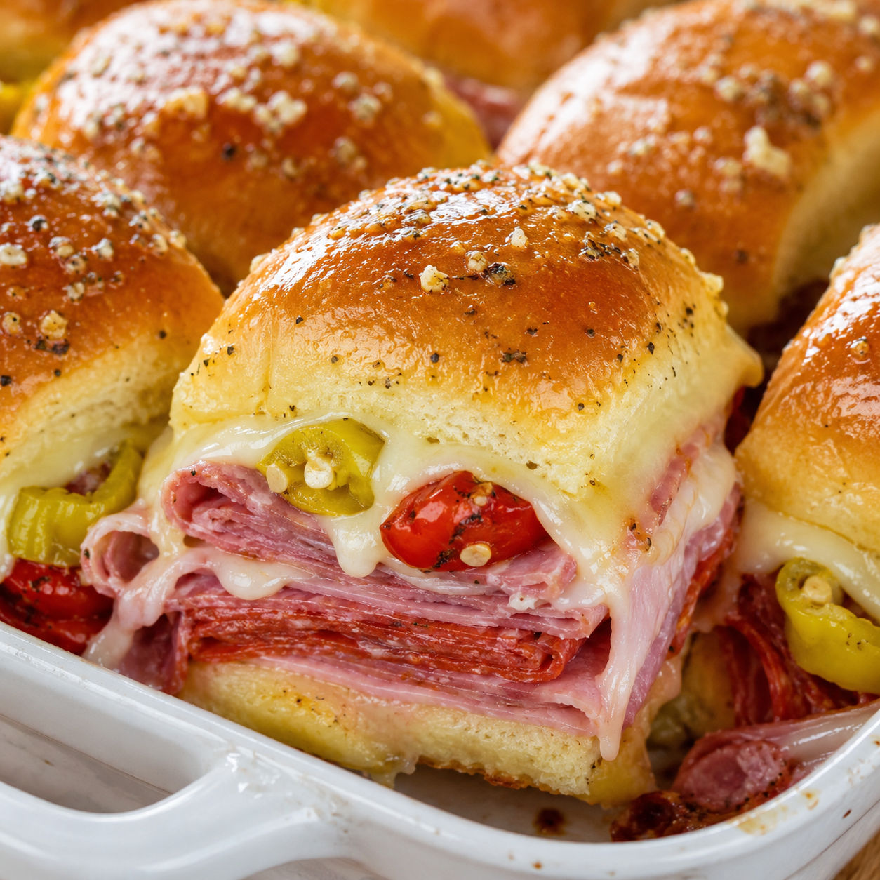 Hot Italian sub sliders baked golden in a dish with melted provolone and peppers