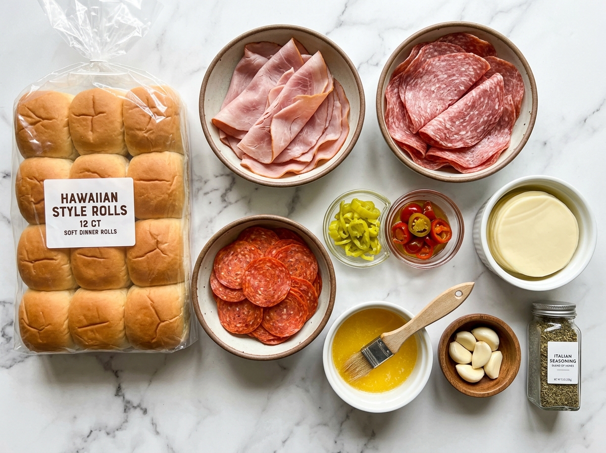Raw ingredients for Italian sub sliders arranged on a wooden counter