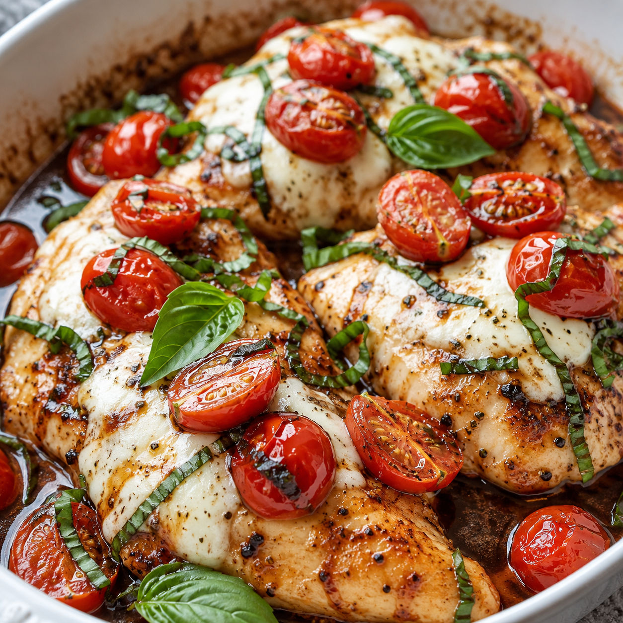 Italian basil chicken with mozzarella, cherry tomatoes, and fresh basil