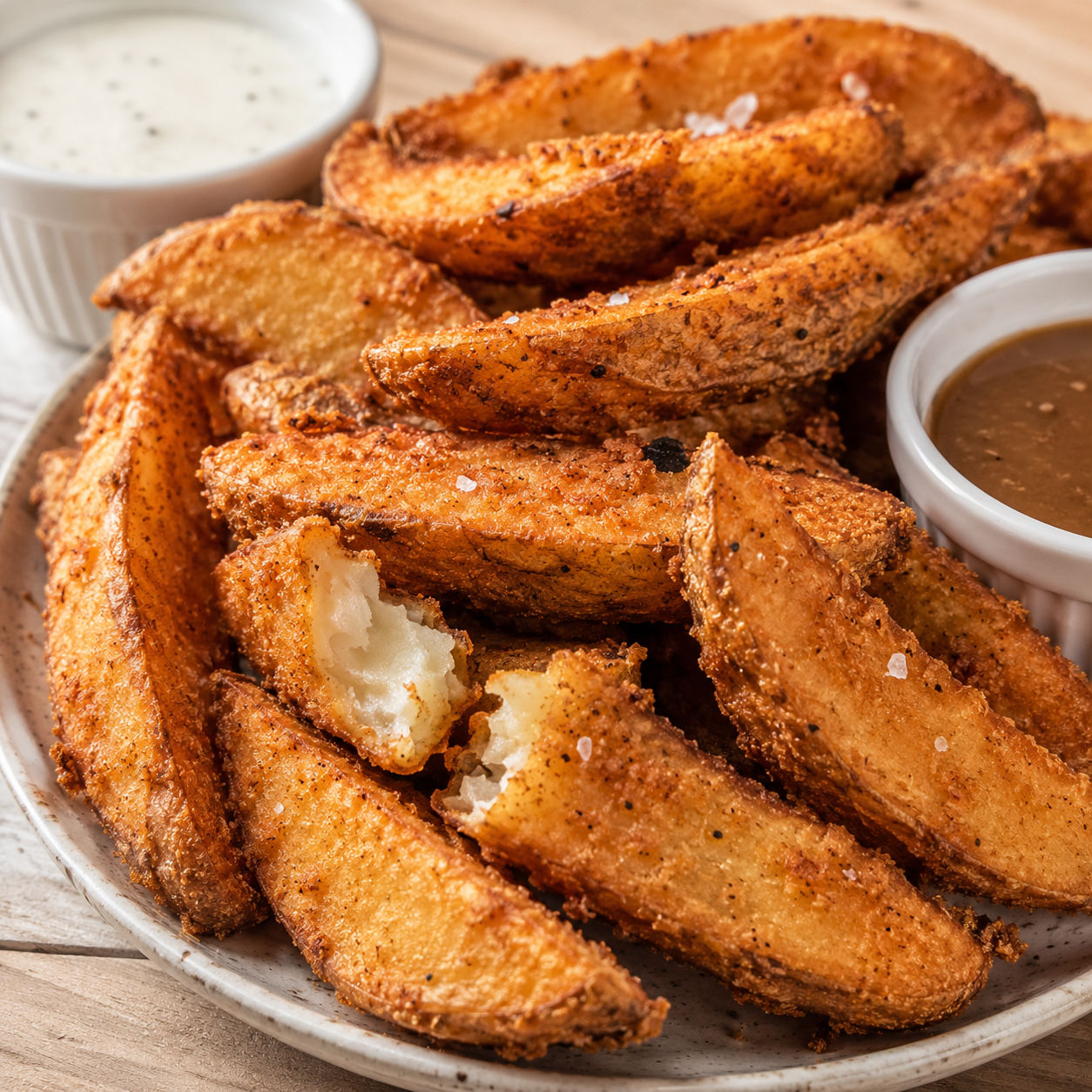 Golden KFC-style potato wedges with ranch and gravy