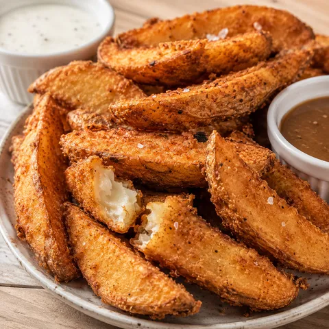 Golden KFC-style potato wedges with ranch and gravy