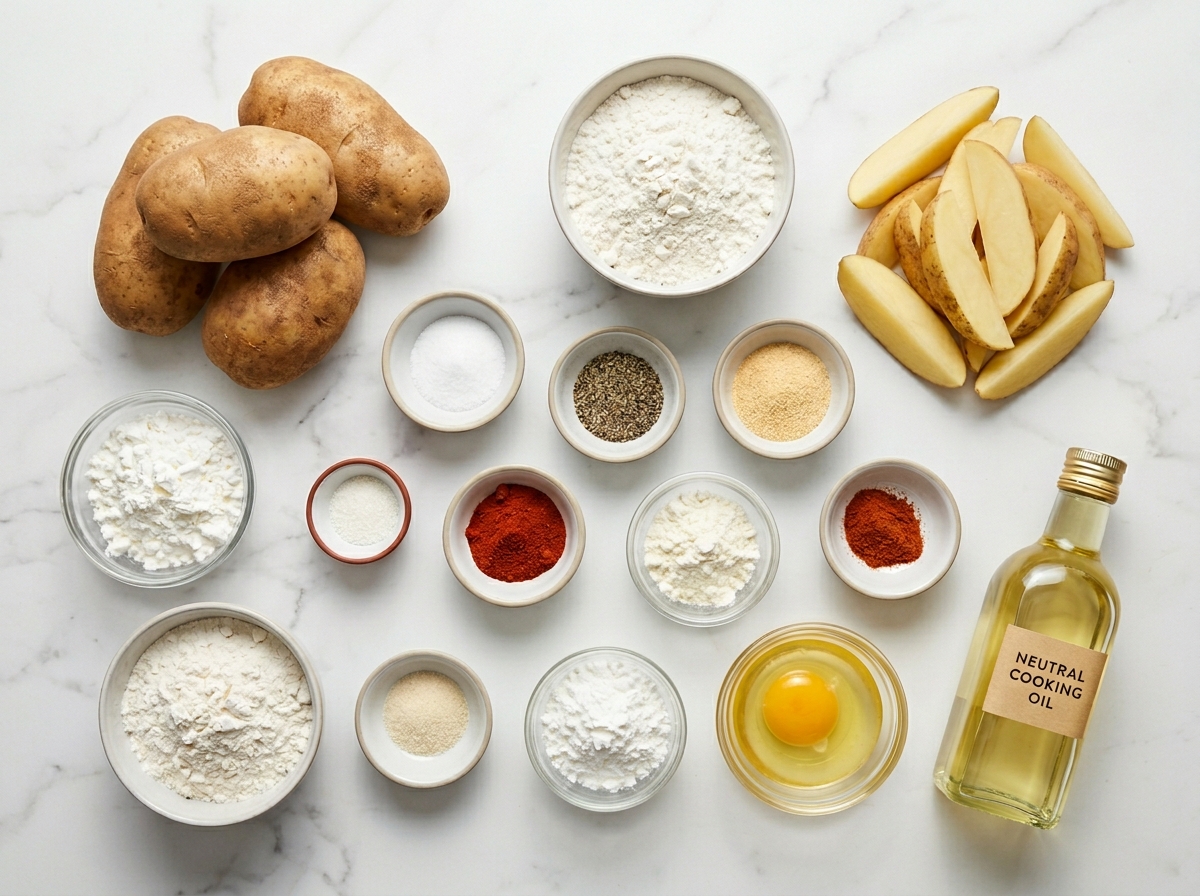 Ingredients for KFC-style potato wedges with spices and russet potatoes