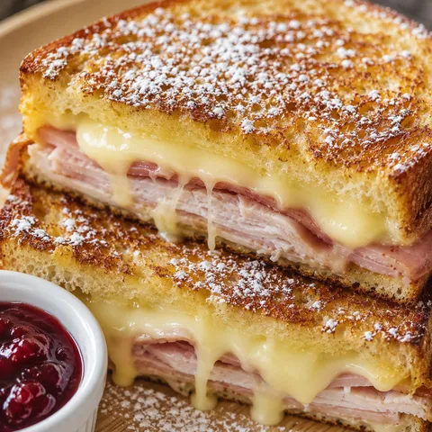 Monte Cristo grilled cheese with ham, turkey, Swiss, and raspberry jam