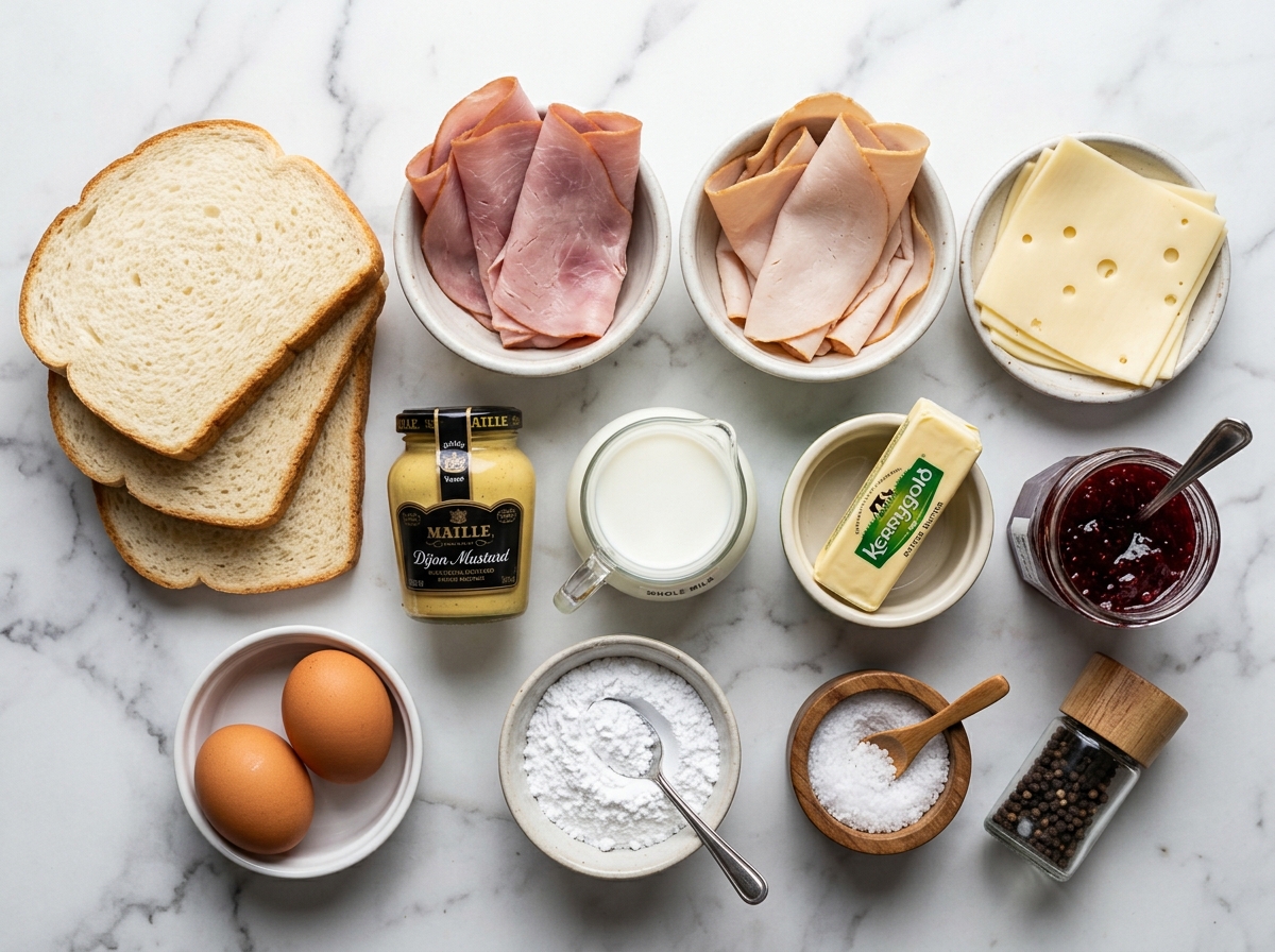 Ingredients for Monte Cristo grilled cheese with bread, ham, turkey, and Swiss