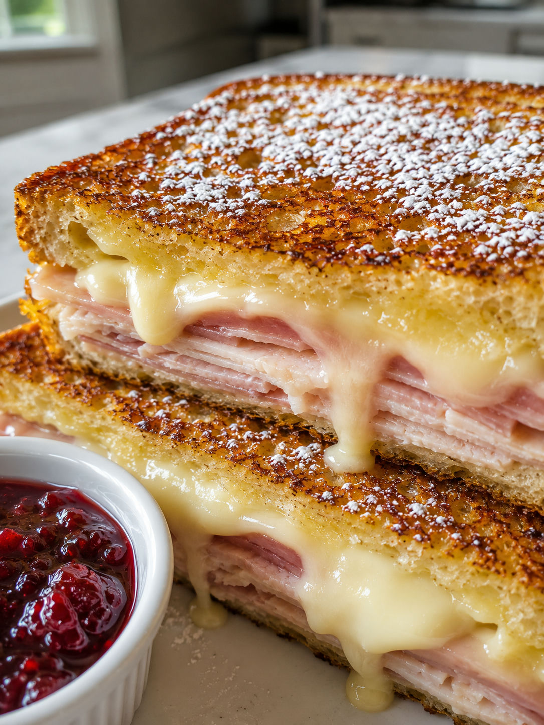 Simple Monte Cristo Style Grilled Cheese Sandwich, plated and served