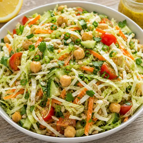Cabbage salad with chickpeas, tomatoes, cucumber, herbs, and sunflower seeds