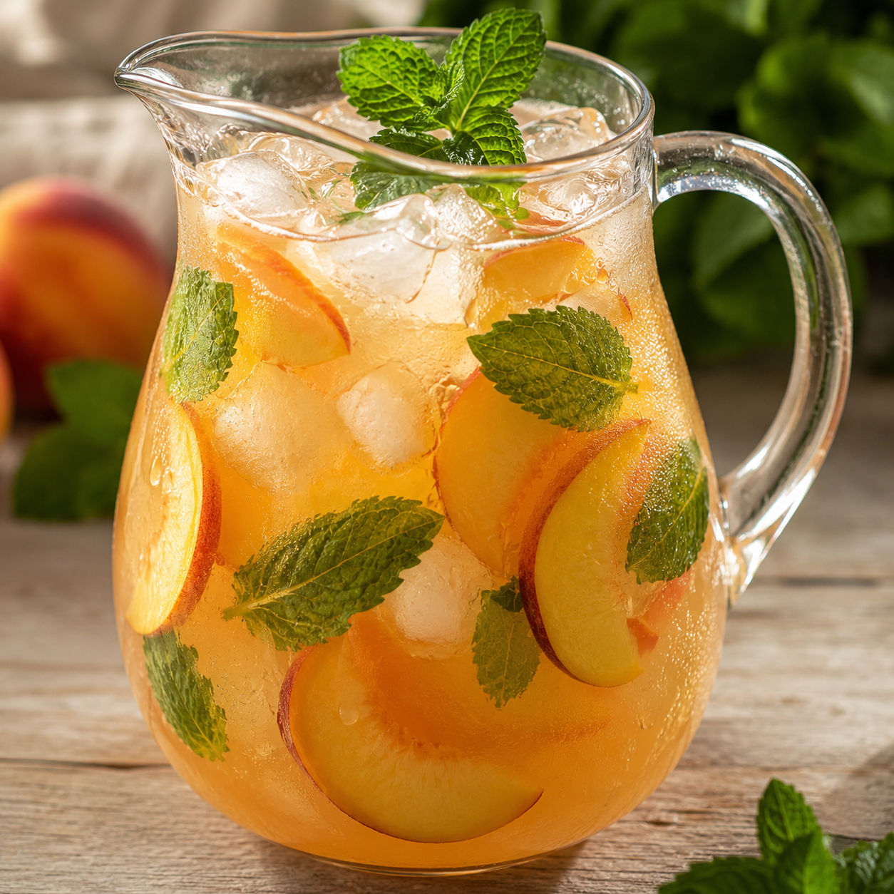 Pitcher of peach lemonade with ice, peach slices, and fresh mint on a wooden table