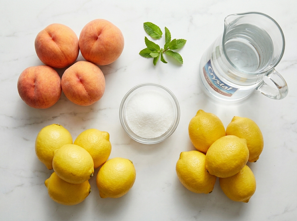 Fresh peaches, lemons, sugar, and mint arranged on a kitchen counter