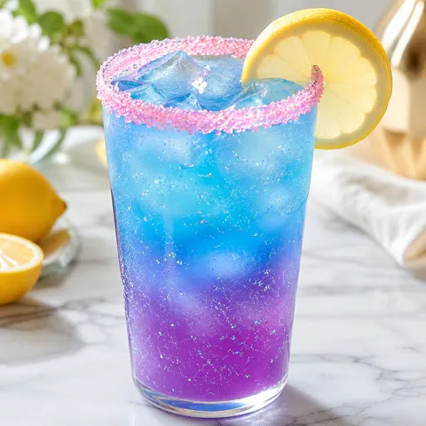 Enchanted unicorn lemonade in a tall glass with blue to purple ombre and pink sugar rim