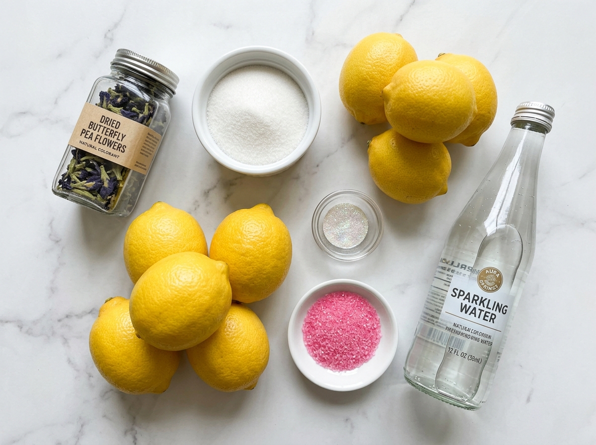 Dried butterfly pea flowers, lemons, sugar, and sparkling water for unicorn lemonade