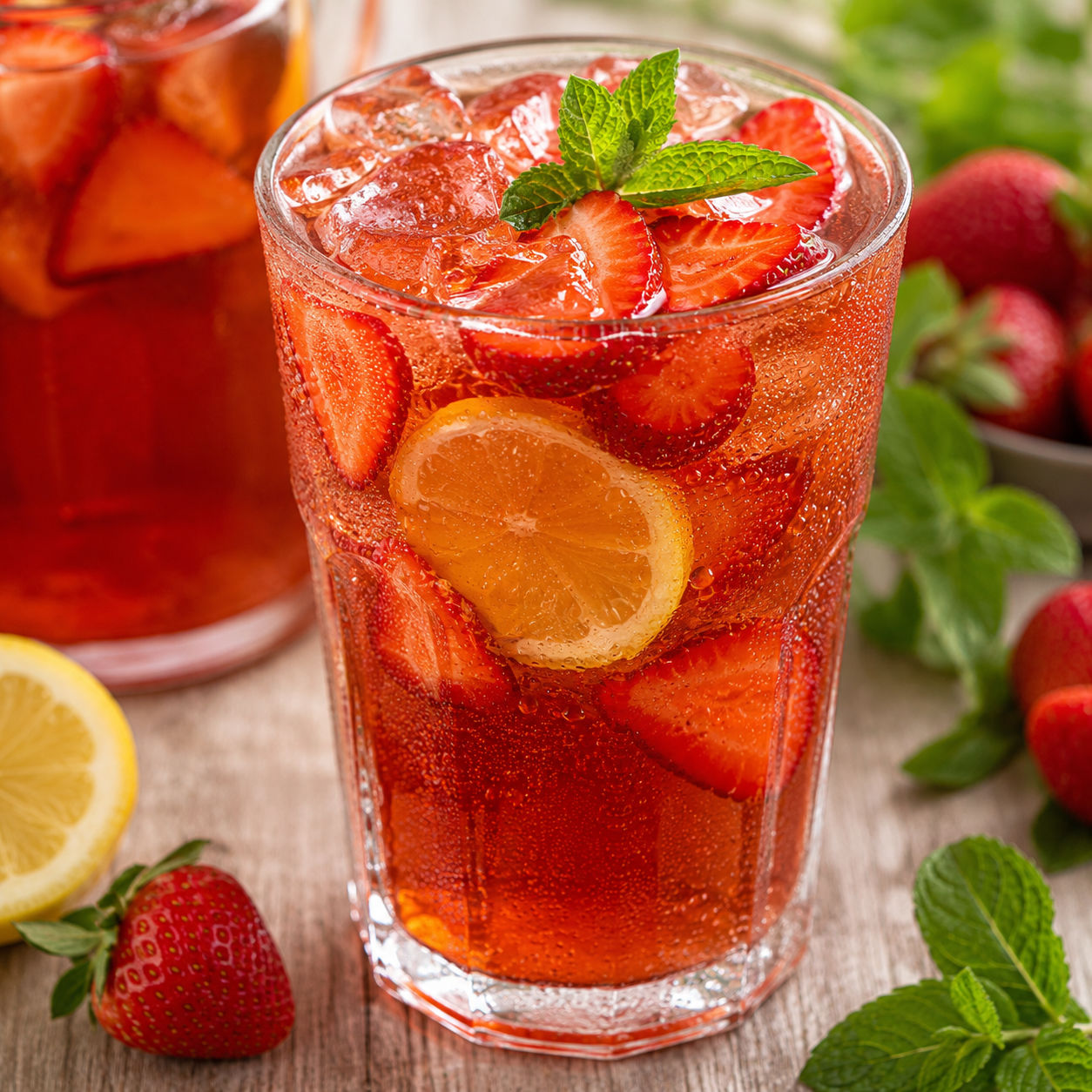 Strawberry iced tea with lemon, mint, ice, and fresh strawberry slices