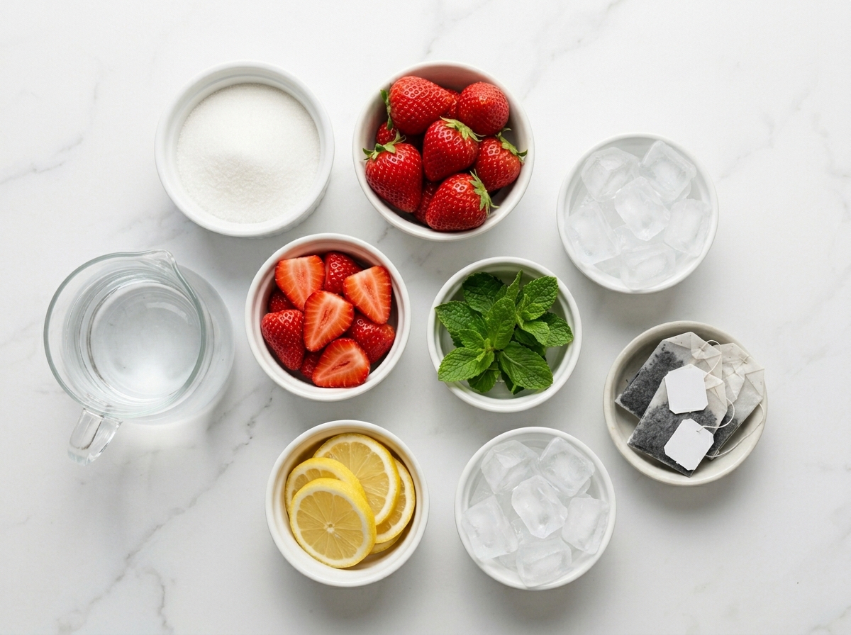 Fresh strawberries, tea, lemon, mint, sugar, water, and ice for strawberry tea