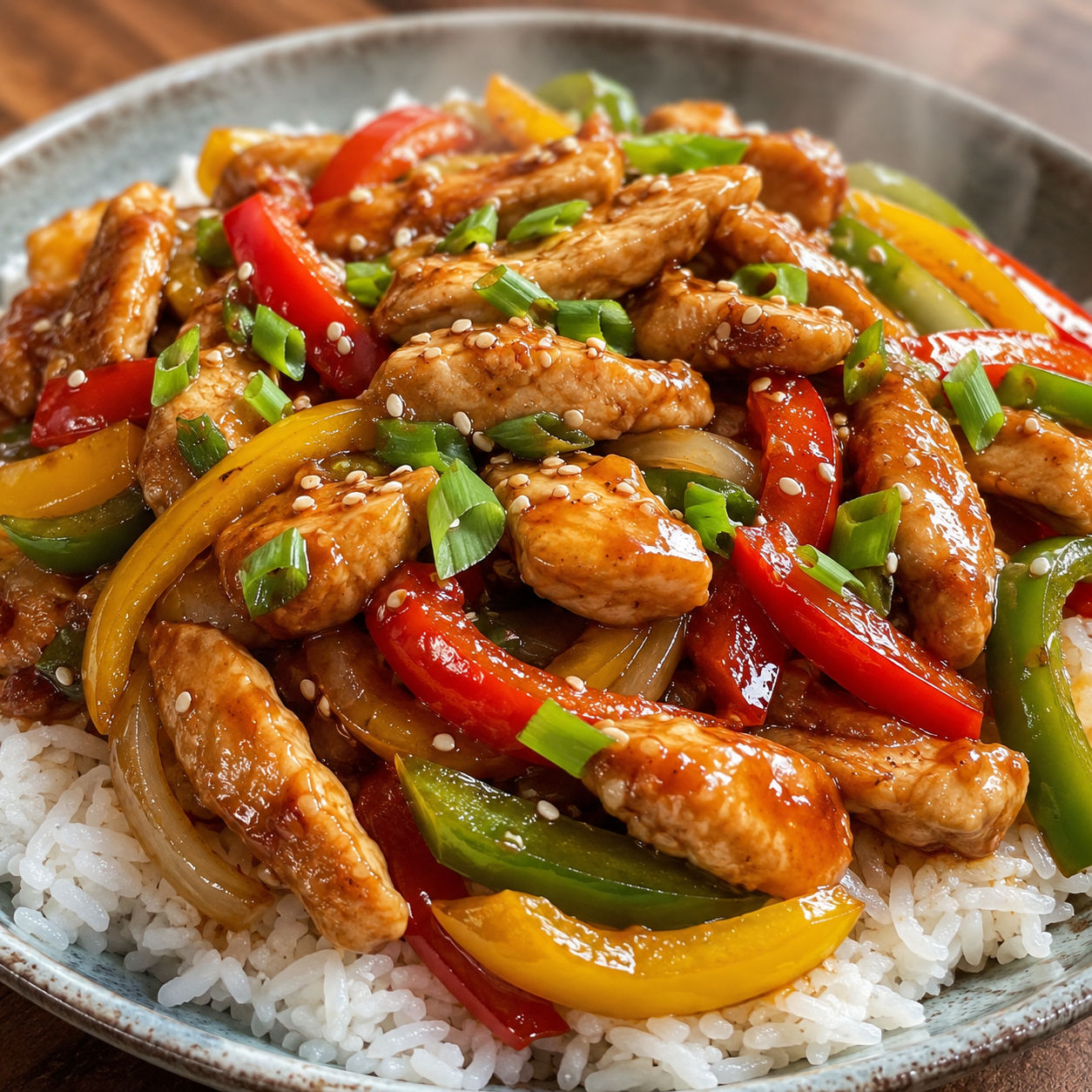 Sizzling garlic chicken with bell peppers over jasmine rice