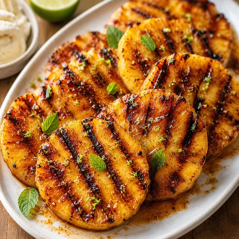 Grilled pineapple slices with cinnamon glaze, lime zest, and mint