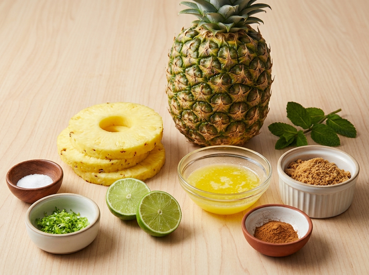 Fresh pineapple, brown sugar, cinnamon, butter, lime, and mint for grilling