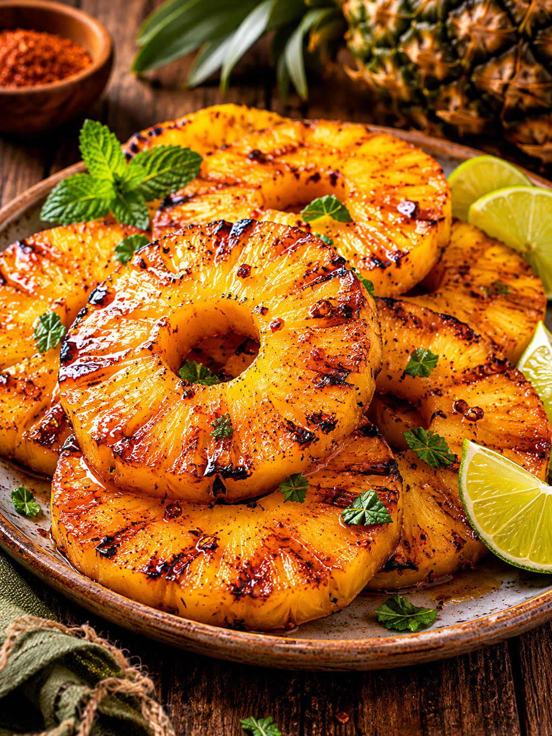 Sizzling Grilled Pineapple Slices, plated and served