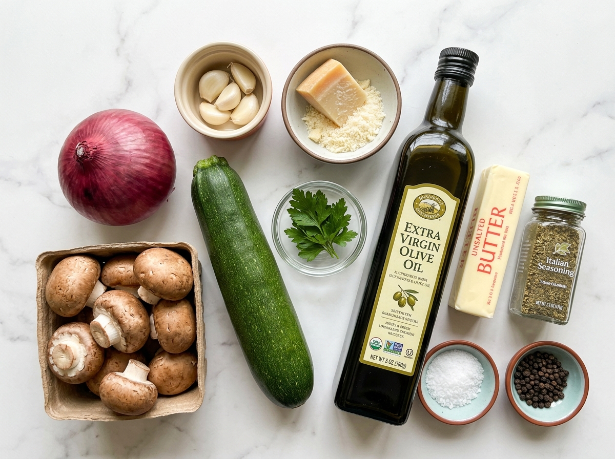 Raw zucchini, mushrooms, onion, garlic, and parmesan for a skillet side dish