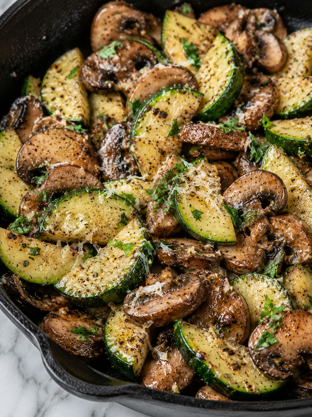 Skillet Zucchini and Mushrooms, plated and served