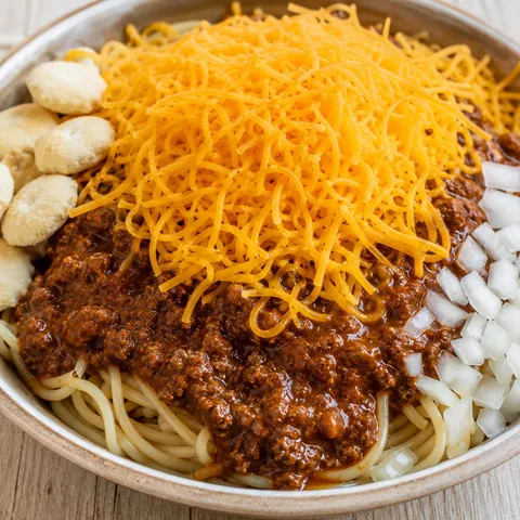 Skyline-style Cincinnati chili over spaghetti with cheddar and onions