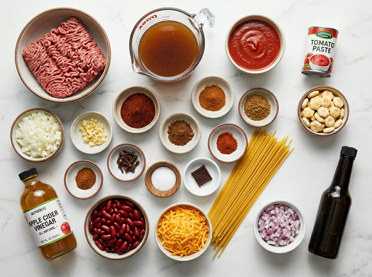 Ingredients for Cincinnati chili with beef, spices, spaghetti, and cheddar