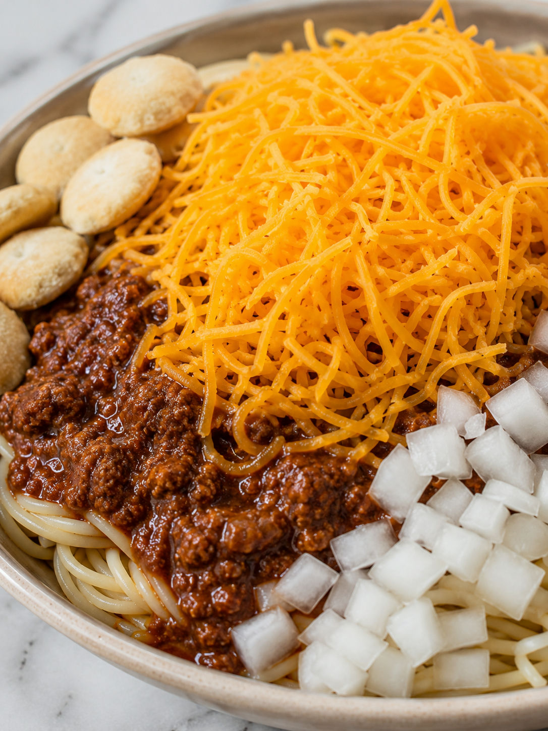 Skyline-Style Cincinnati Chili, plated and served
