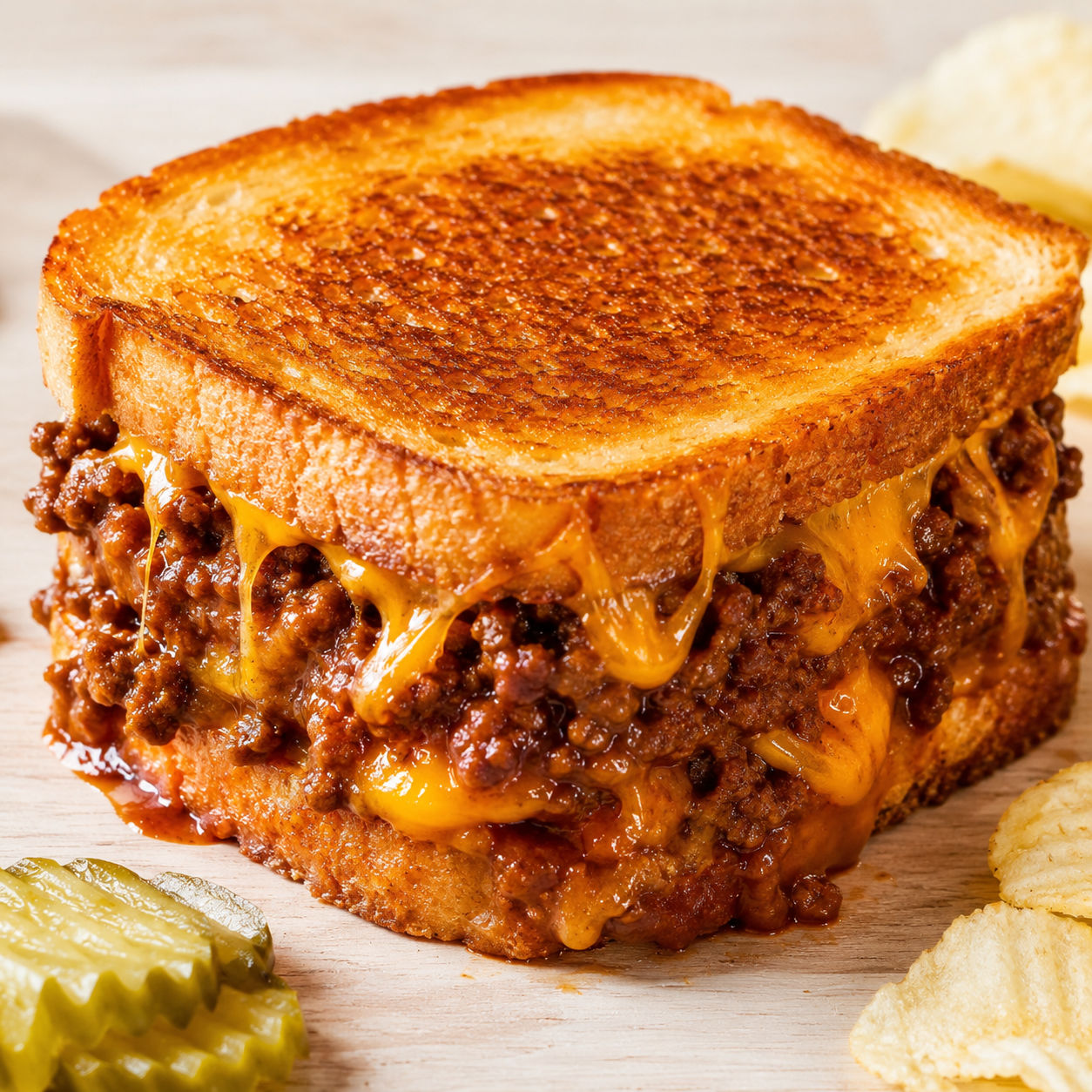 Sloppy joe grilled cheese sandwich with melted cheddar and saucy beef