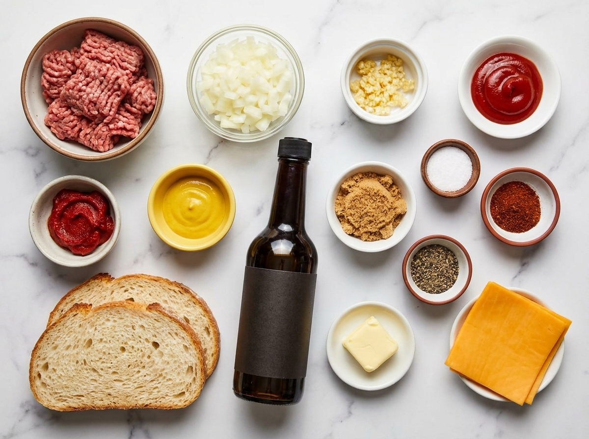 Ingredients for sloppy joe grilled cheese with beef, cheddar, bread and sauce