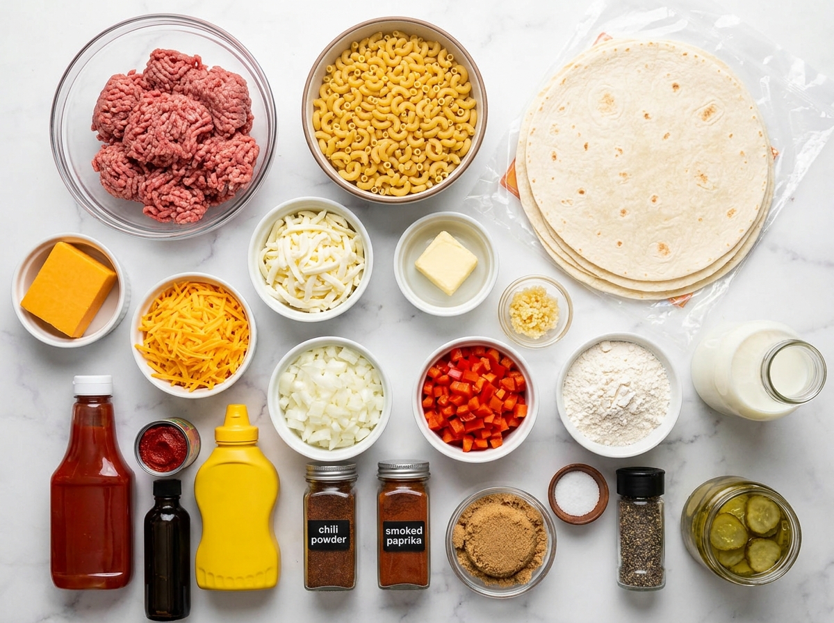 Ingredients for sloppy joe mac and cheese wraps with cheddar and tortillas