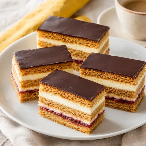 Slovakian honey cake petit fours with chocolate glaze and jam layers