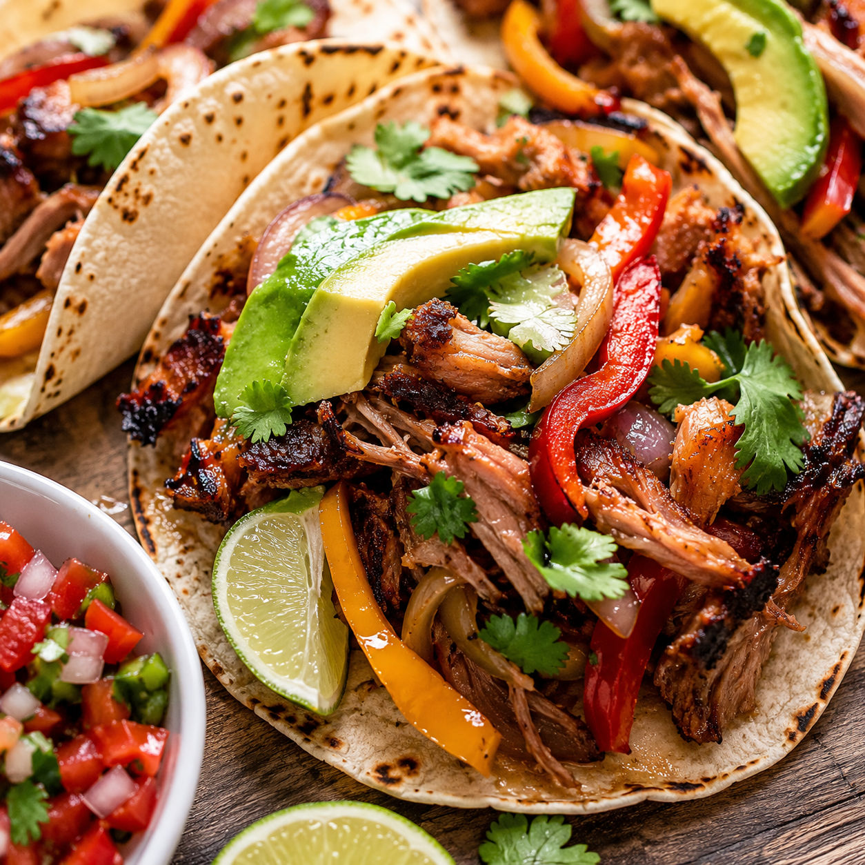 Carnitas fajitas with crispy pork, peppers, avocado, cilantro, and lime