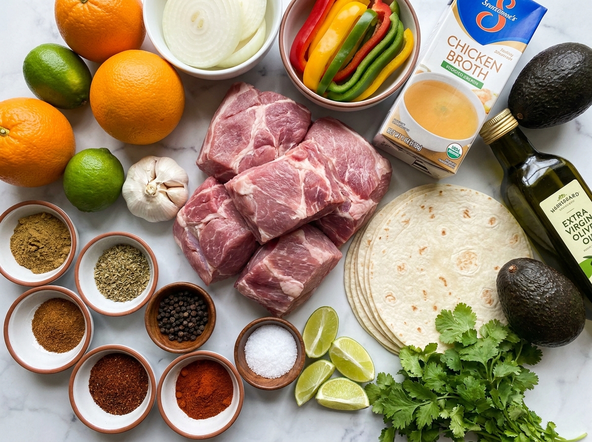 Raw pork, citrus, peppers, tortillas, avocado, and spices for carnitas fajitas