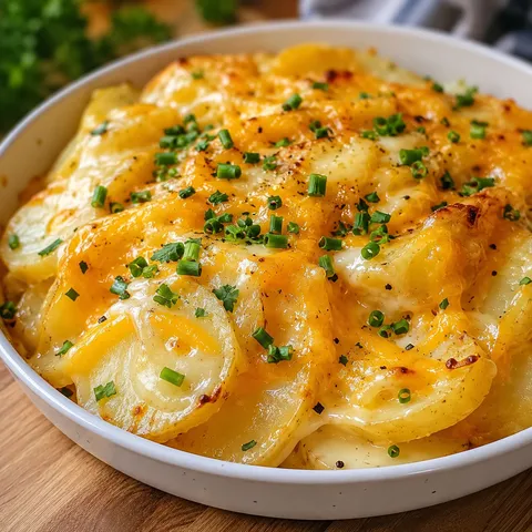 Cheesy slow-cooked potatoes with creamy layers and green onion garnish