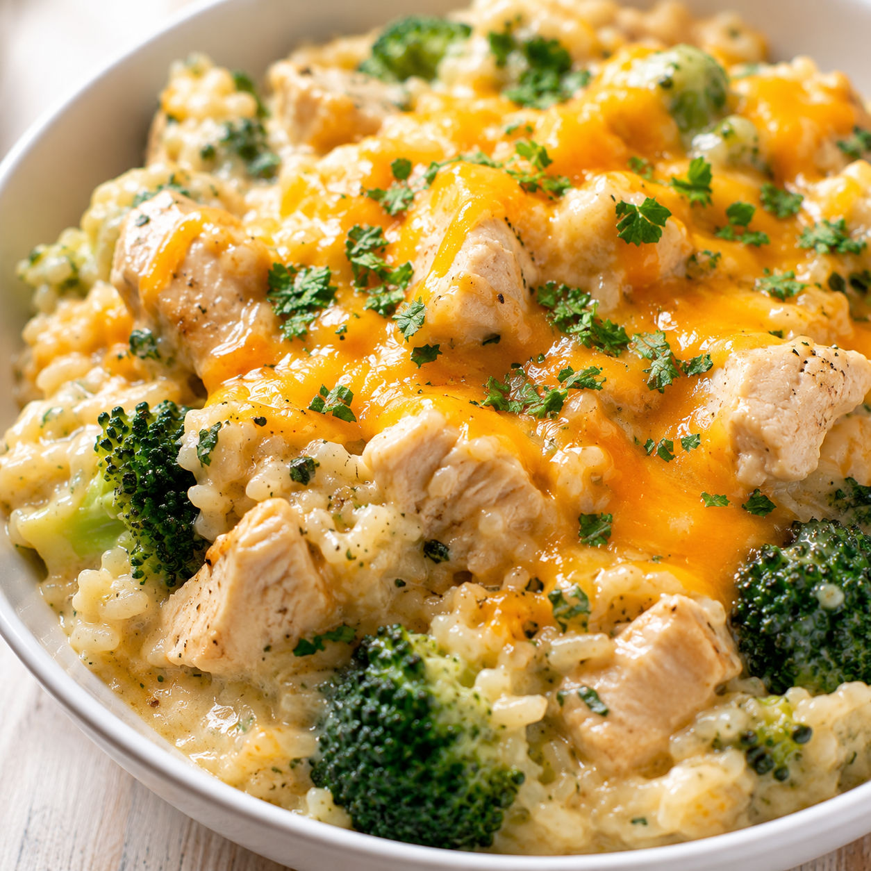 Slow-cooked chicken, rice, and broccoli with melted cheddar cheese in a white bowl