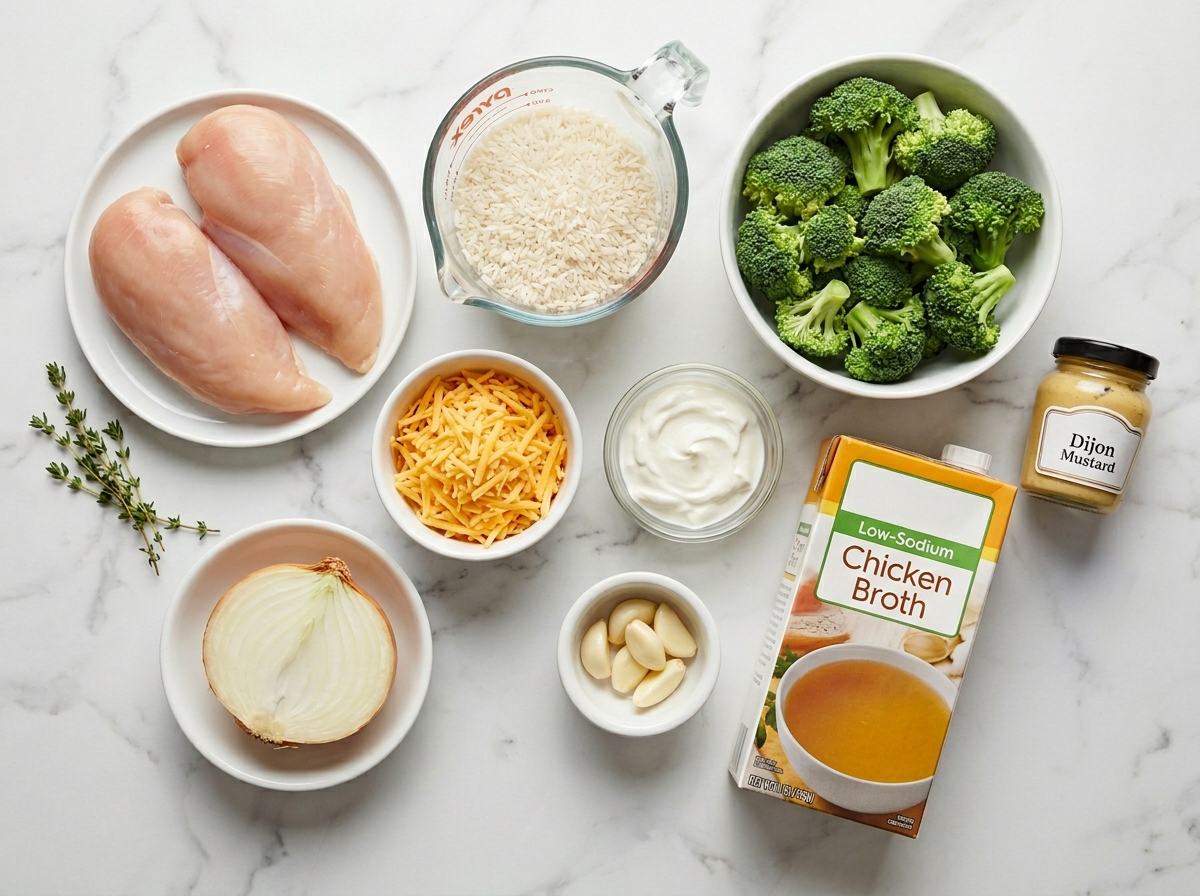 Raw chicken, rice, broccoli, cheddar, and sour cream arranged on a wooden board