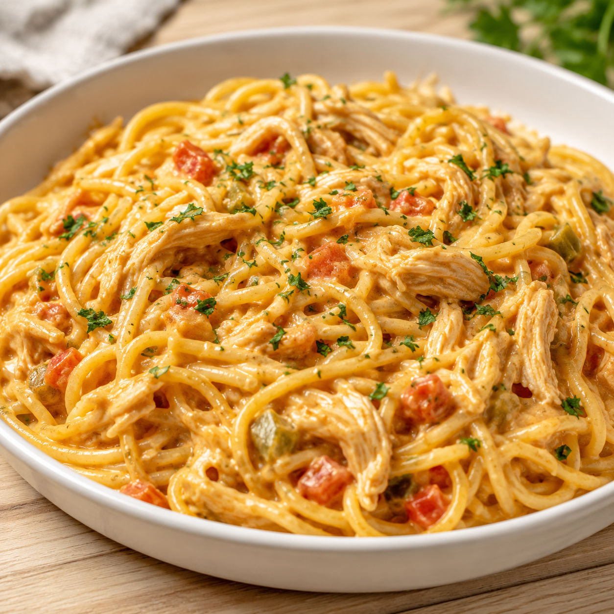 Creamy chicken spaghetti with shredded chicken, cheese sauce, and parsley