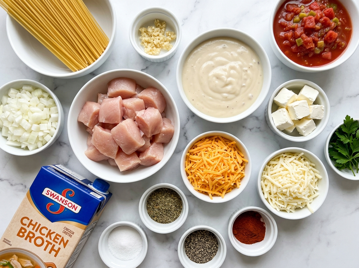Ingredients for creamy slow cooker chicken spaghetti on a wooden surface