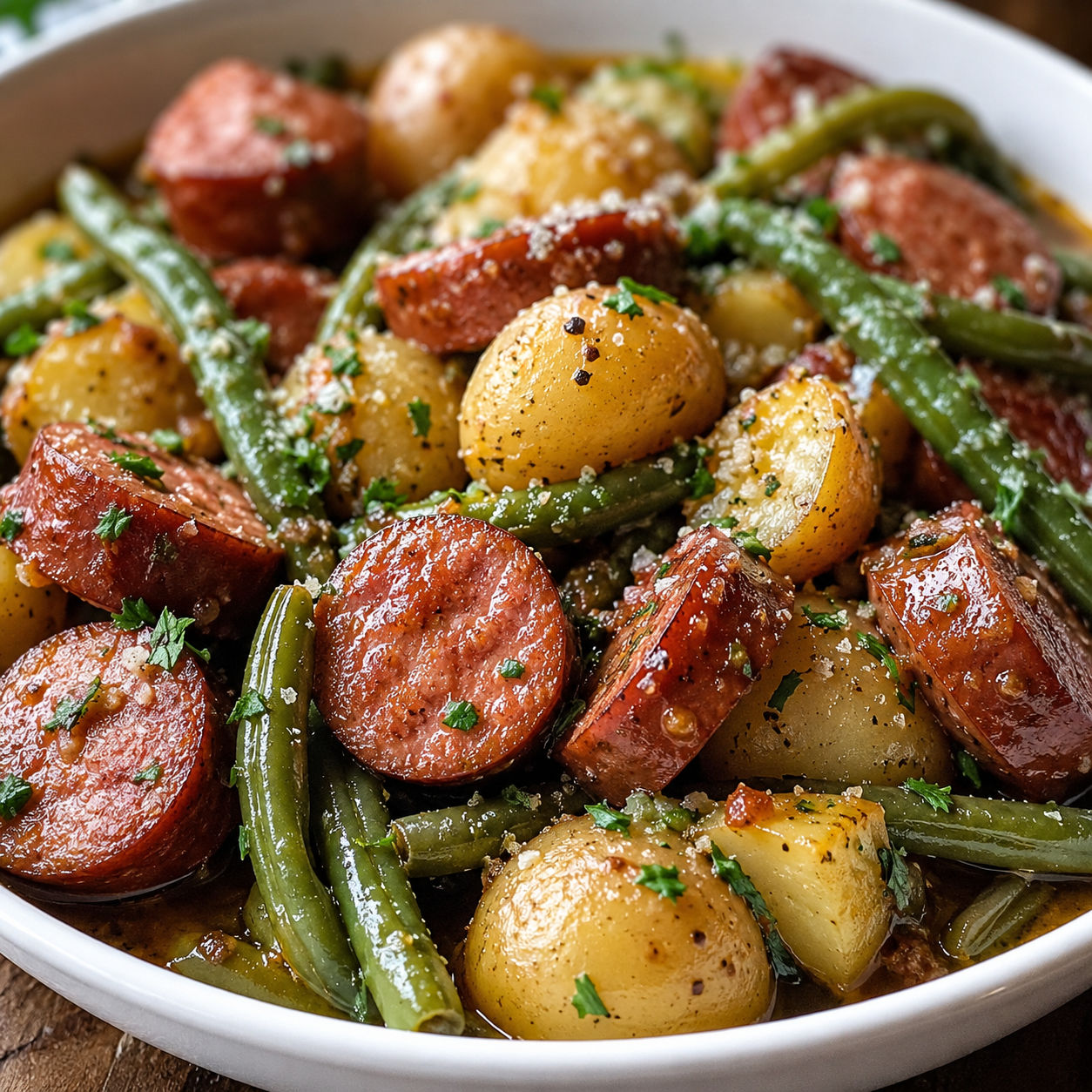 Kielbasa with green beans and baby potatoes in a shallow bowl
