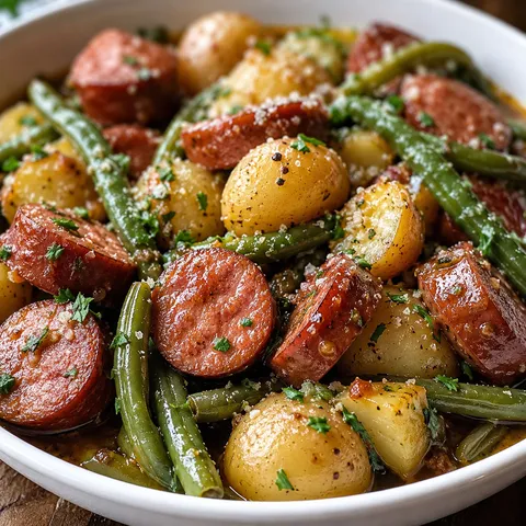 Kielbasa with green beans and baby potatoes in a shallow bowl