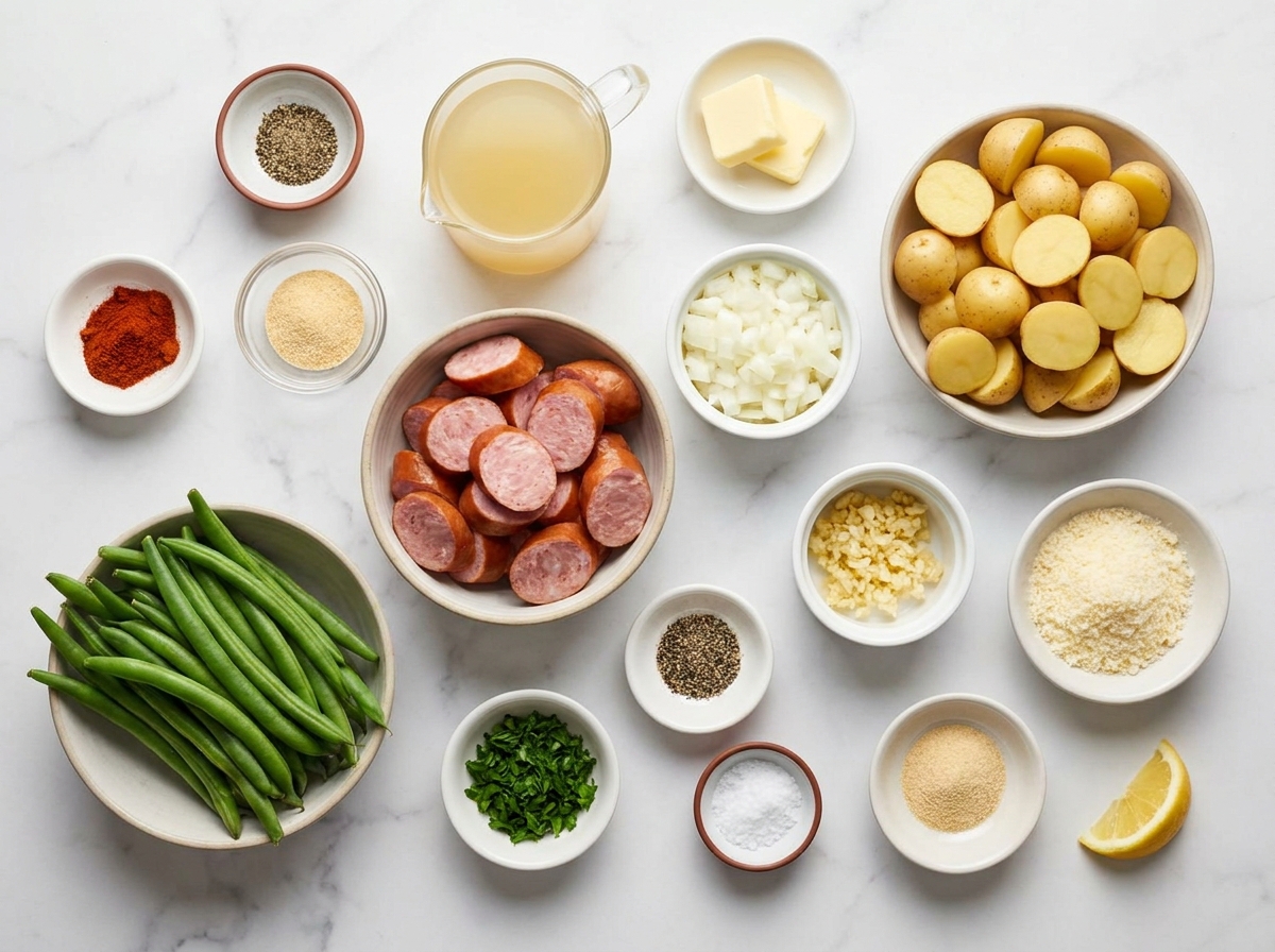 Ingredients for kielbasa green beans and potatoes on a wooden surface