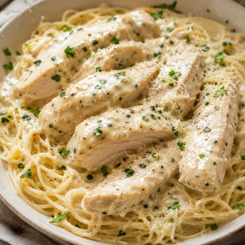 Slow Cooker Angel Chicken over angel hair pasta with parsley