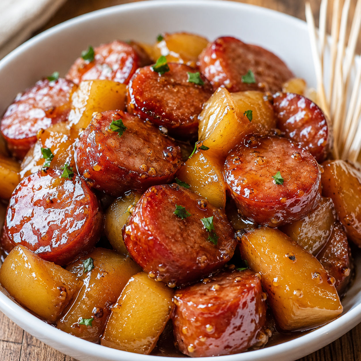Slow cooker apple kielbasa bites with glossy glaze and parsley